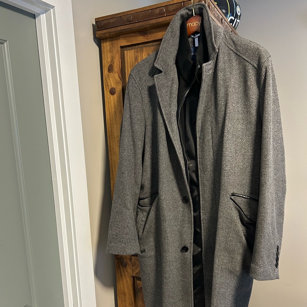Men’s Cole Haan taupe overcoat with zipped enclosed liner and buttoned front